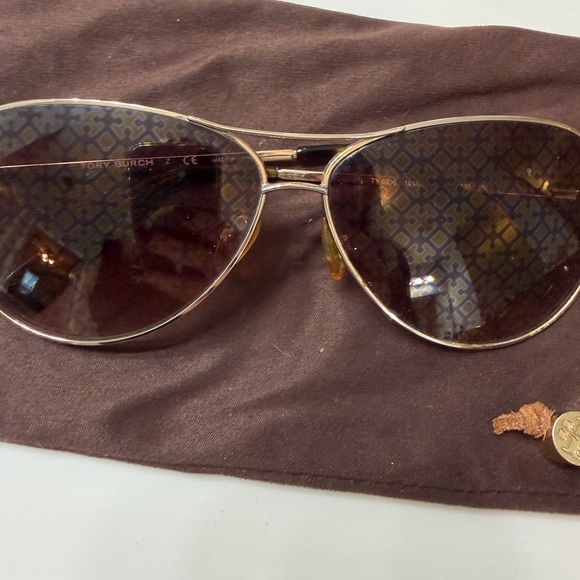 Tory Burch Gold Frame Sunglasses with Logo and Brown Lenses